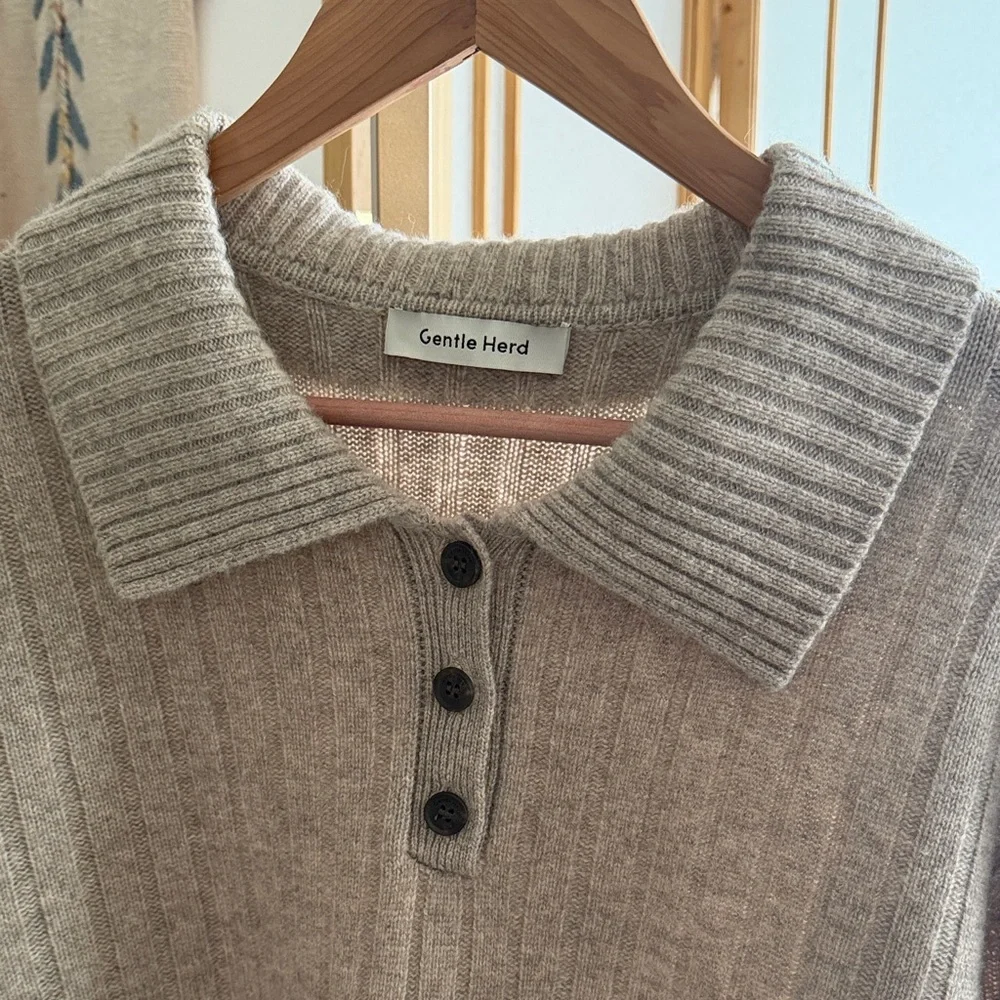 Gentle Herd Ribbed Collared Sweater Taupe Wool Blend Pullover Size L - Picture 2 of 14